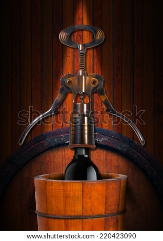 Wine List Design / Wooden background with old wooden barrel, corkscrew and black wine bottle. Template for wine list or menu