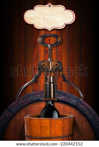 Wine List Design / Wooden background with old wooden barrel, corkscrew, black wine bottle and empy label. Template for wine list or menu
