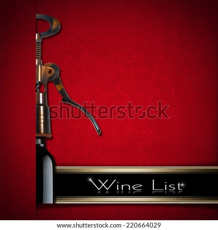 Wine List Design / Red velvet background with old brown and black corkscrew, text  - Wine List on a black band. Template for wine list or menu