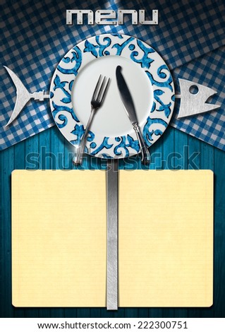 Fish Menu Design / Restaurant fish menu with metal fish, yellow empty pages, empty plate with silver cutlery on wood blue background with blue and white checkered tablecloth