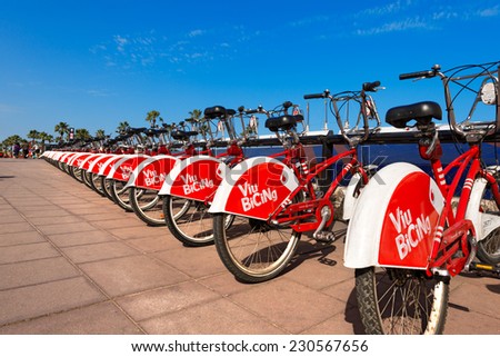 Bicing Vodafone / BARCELONA, SPAIN - JUN 10, 2014: Bicycle of the Bicing service in Barcelona sponsored by Vodafone. With the bicing sharing service people can rent bicycles for short trips.