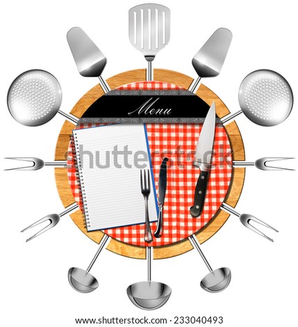 Restaurant Menu Design / Restaurant menu on round cutting board with kitchen utensils, empty notebook, silver cutlery, kitchen knife, red and white checkered tablecloth isolated on white background