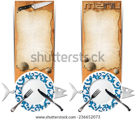 Set of Seafood Banners / Two vertical banners with metal fish, empty decorated plate, silver cutlery, empty parchment on wooden background with kitchen knife and seashells. Template for seafood