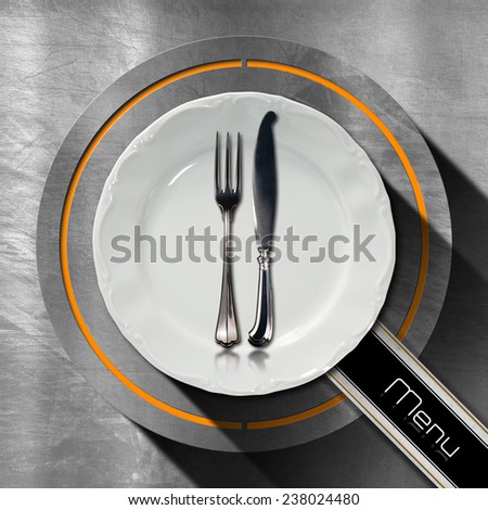 Restaurant Menu Design. Steel stainless background with circle, empty plate and cutlery, diagonal black band with text, menu. Template for a restaurant food menu