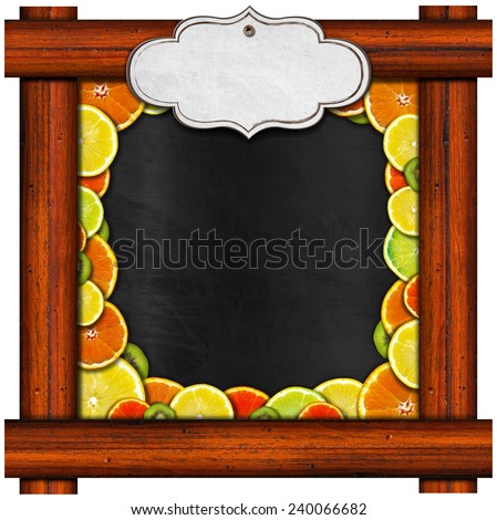 Blackboard with Wooden Frame and Fruit. Blackboard with wooden frame and an empty label with oranges, lemons and kiwi. Isolated on white background