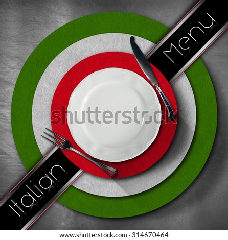 Italian Restaurant Menu Design / Restaurant menu with green, red and white Italian flag, text Italian Menu and silver cutlery.