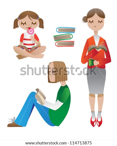 Reading people. vector illustration. a woman, a child and a young man reading