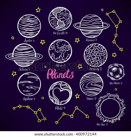 Set with the planets of the solar system and the constellations on dark background. hand-drawn illustration