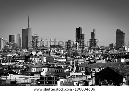 Milan, Lombardy, Italy - april 24 2014: Milan city skyline Unicredit Bank skyscraper and financial district piazza Gae Aulenti, view from Duomo roof terrace
