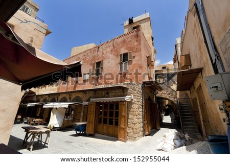 Old city downtown ancient streets perspective view in Saida, Lebanon