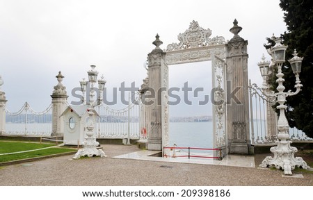 Bosporus, Istanbul,  Dolmabahce palace with ottoman columns of fence and gate