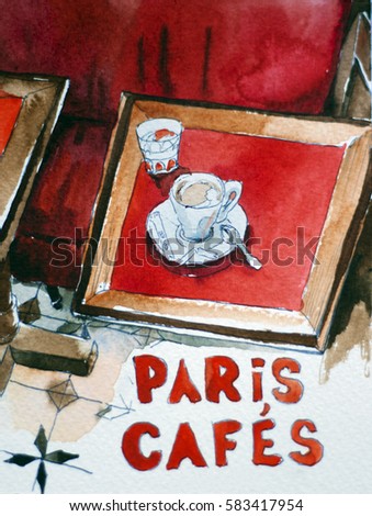 Interior of typical old coffee shop in Patis with red benches and wooden tables with cup of coffee original watercolor painting