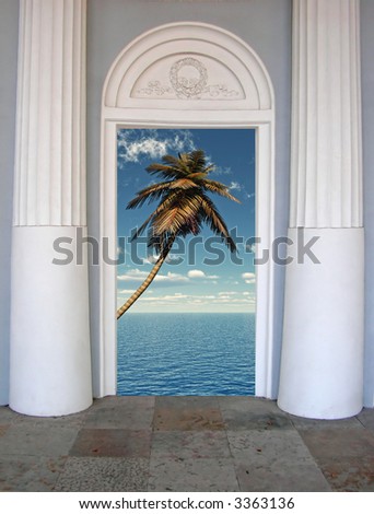 Coconut palm tree in open door - digital artwork.