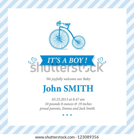 Baby announcement card editable vector with bicycle illustration for baby boy