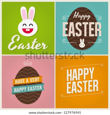 Happy easter cards illustration with easter eggs, easter bunny, easter rabbit and font.
