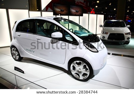 NEW YORK CITY - APRIL 10 : A Mitsubishi iMiEV car model on display at NY International Auto Show 2009 April 10, 2009 in New York.  The auto industry is struggling in the current economic crisis.