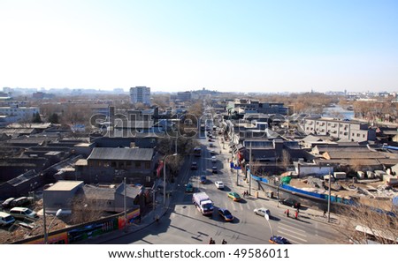 The aerial view of old city center of Beijing from top of the drum tower in Beijing