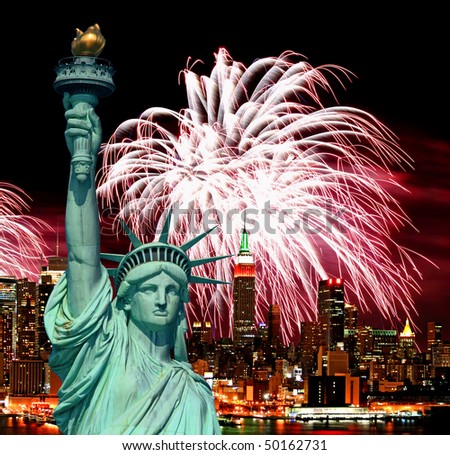 The Statue of Liberty and holiday fireworks
