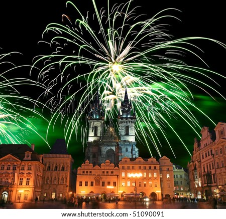 The Old Town Square in Prague City with a firework display