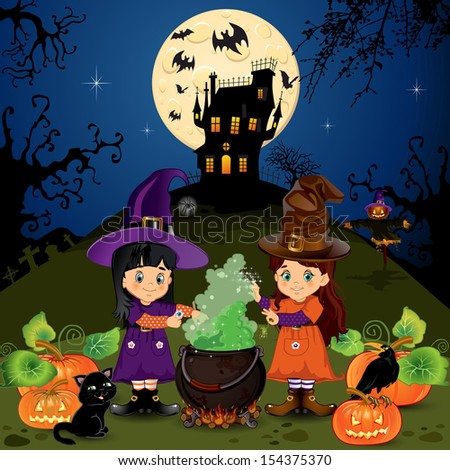 Little witches who do a spell background with haunted castle and landscape.