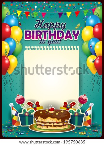 Happy Birthday with a sheet of paper vertically with balloons and cake-space to insert your text-transparency blending effects and gradient mesh-EPS10