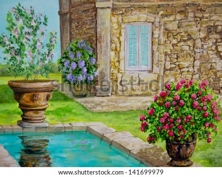 A villa\'s reflecting pool has images of flowering bushes in a watercolor painting.