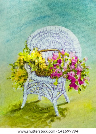 Yellow and Pink Flowers fill a Basket on a White Wicker Chair  in an acrylic painting.