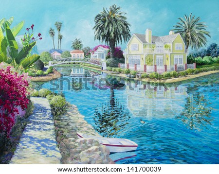 A Venice canal reflects tranquil images of houses, flowers and palm trees in an acrylic painting.