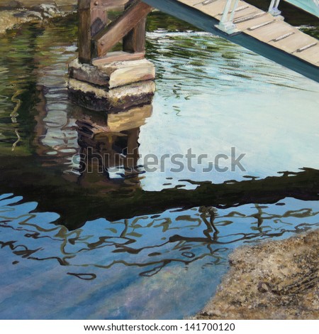 The underwater shore gleams under dark, rippled reflections of the bridge overhead in a canal in Venice, CA, in an acrylic painting.