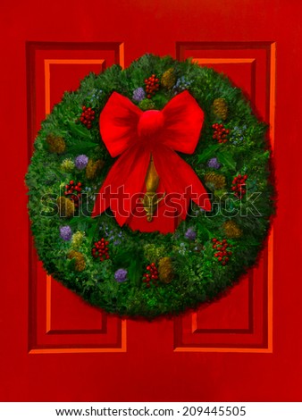 A red paneled door has a green wreath decorated with berries, pine cones and a red bow in an acrylic painting.