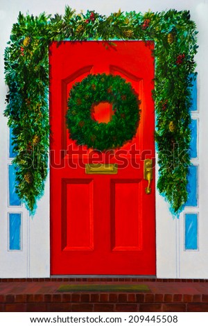 A red front door has an evergreen wreath and a  green garland decorated with berries and pine cones in an acrylic painting.