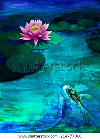 Two butterfly koi swim towards lily pads in an acrylic painting.
