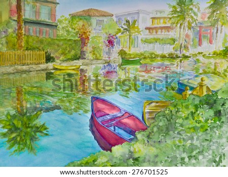 Canal rowing boats sit alongside a boat dock in a watercolor painting.
