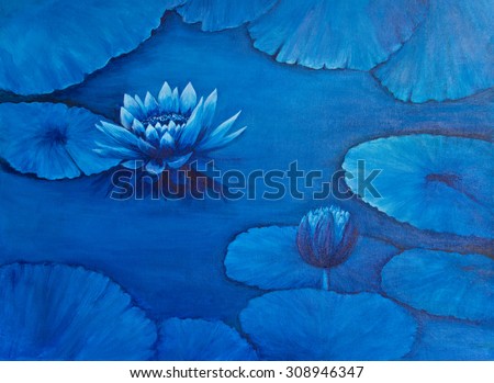 A water lily flower and a bud in a deep turquoise blue are surrounded by frilly- edged lily pads.