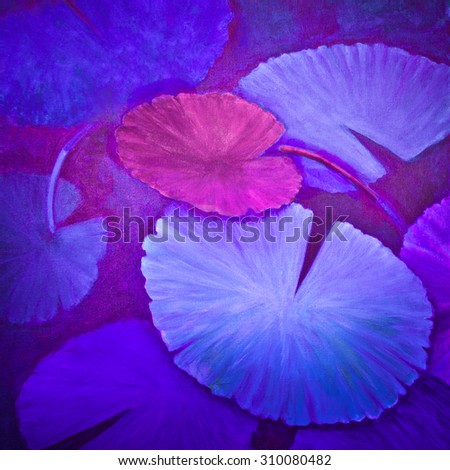 Water lily pads of lavender, magenta and purple colors are in an acrylic painting.