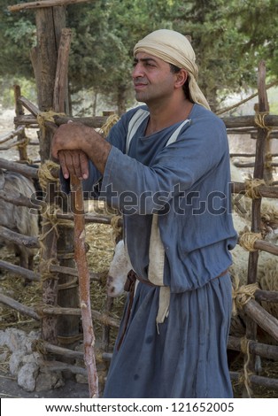NAZARETH, ISRAEL - OCT 15 : Portrait of Palestinian shepherd with traditional clothing in October 15 2012 at Nazareth Village, historical re-creation of Nazareth as it was at the time of Christ
