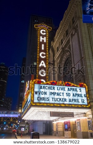 CHICAGO - MARCH 17 : The famous Chicago Theater on State Street on March 17, 2013 in Chicago, Illinois, The iconic marquee often appears in film and television