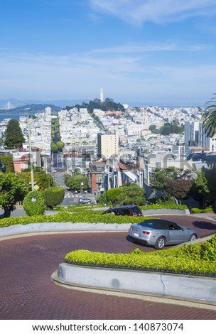 SAN FRANCISCO - MAY 09 : View of Lombard Street in San Francisco California on May 09 2013 , Lombard street is crookedest street in the world