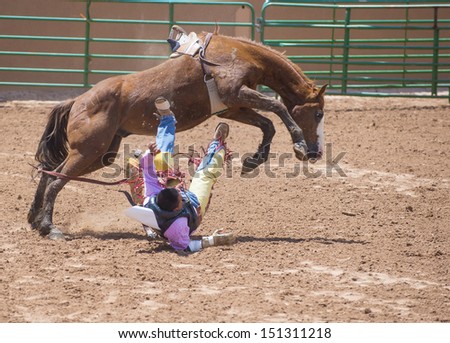 GALLUP , NEW MEXICO - AUGUST 10 : Cowboy Participates in a Bucking Horse Competition at the 92nd annual Indian Rodeo in Gallup, NM on August 10 2013