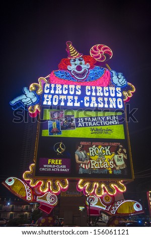 LAS VEGAS - SEP 21: The Circus Circus hotel and casino sign on September 21, 2013 in Las Vegas. Circus Circus features circus acts and carnival type games daily