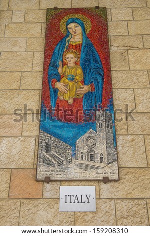 NAZARETH - OCT 15 : Italian mosaic in the Basilica of the Annunciation in Nazareth Israel on October 15 2012 ,is a gift from Italian Catholics to the church, alongside other different nations.