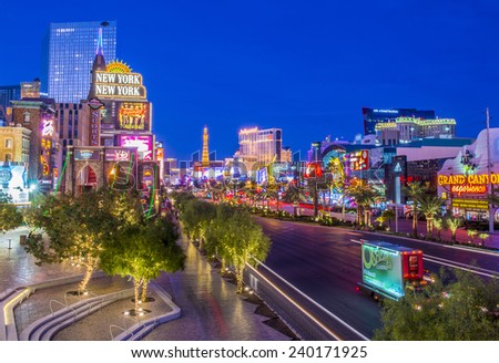LAS VEGAS - DEC 08 : View of the strip on December 08 2014 in Las Vegas. The Las Vegas Strip is an approximately 4.2-mile (6.8 km) stretch of Las Vegas Boulevard in Clark County, Nevada.