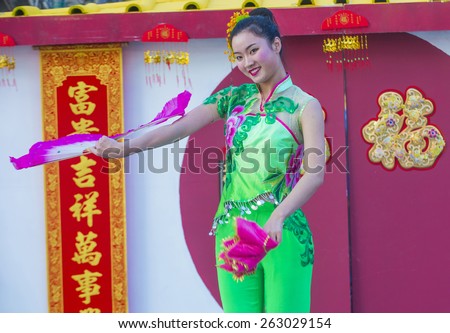 LAS VEGAS - FEB 21 : Chinese folk dancer perform at the Chinese New Year celebrations held in Las Vegas , Nevada on February 21 2015