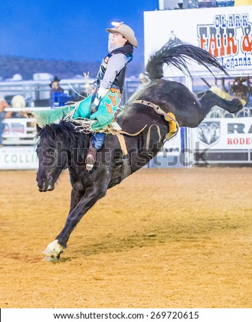 LOGANDALE , NEVADA - APRIL 10 : Cowboy Participating in a Bucking Horse Competition at the Clark County Fair and Rodeo a Professional Rodeo held in Logandale Nevada , USA on April 10 2015