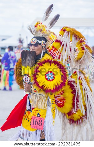 LAS VEGAS - MAY 24 : Native American man takes part at the 26th Annual Paiute Tribe Pow Wow on May 24 , 2015 in Las Vegas Nevada. Pow wow is native American cultural gathernig event.