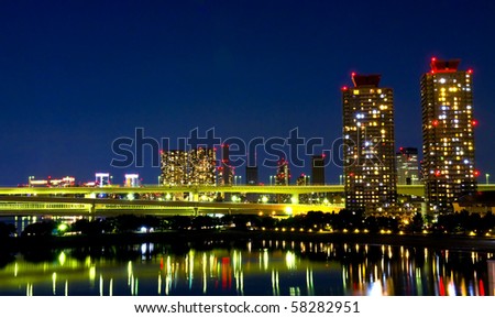 Tokyo Skyline at night and the Rainbow Bridge