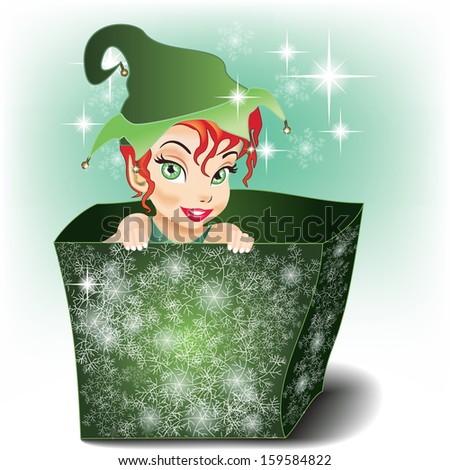 Smiling and Cute Elf in a Parcel