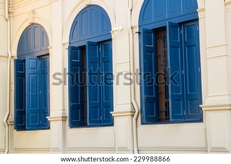 Blue large windows at grand palace in Bangkok, Thailand