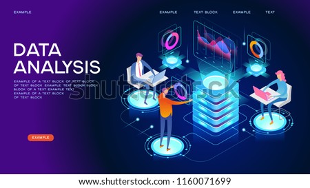  People in the team analyze diorams and graphics. Data visualization concept. 3d isometric vector illustration.