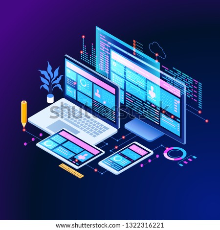 Building mobile interface on screen of laptop, smartphone, tablet. Developers use software on multiple devices.Cross-platform software. 3d isometric vector illustration.